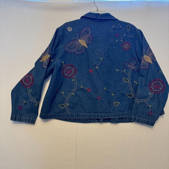 E.Larsen Studio Works Womens Denim Jean Floral Embroidered Button Up Jacket 2X - Picture 2 of 11